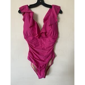 NWT J Crew Ruched Ruffle Plunged One Piece Swimsuit Womens 12 Pink Fuschia SEXY